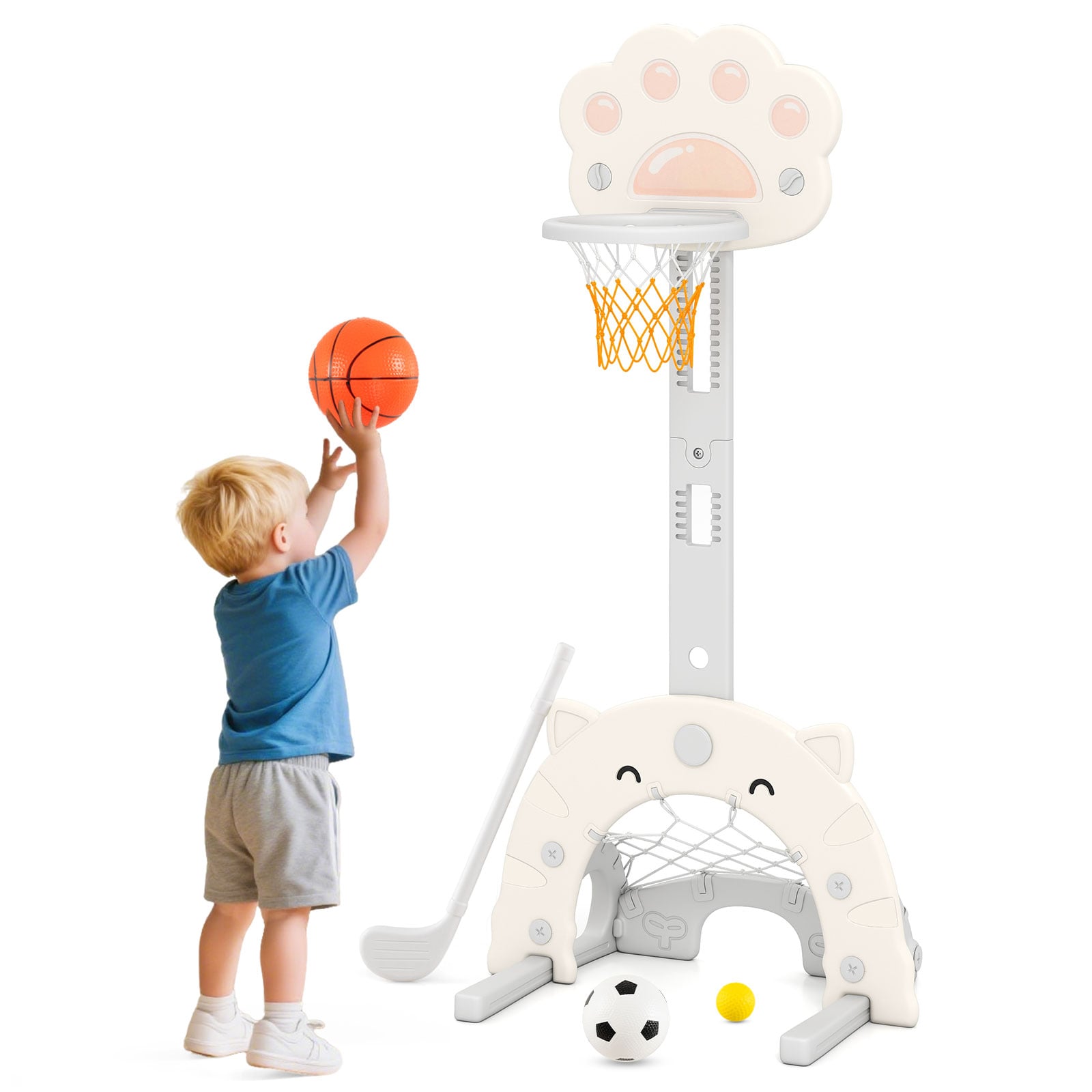 3-ühes laste spordikeskus: korvpallikorv, jalgpallivärav ja golfimäng, hall