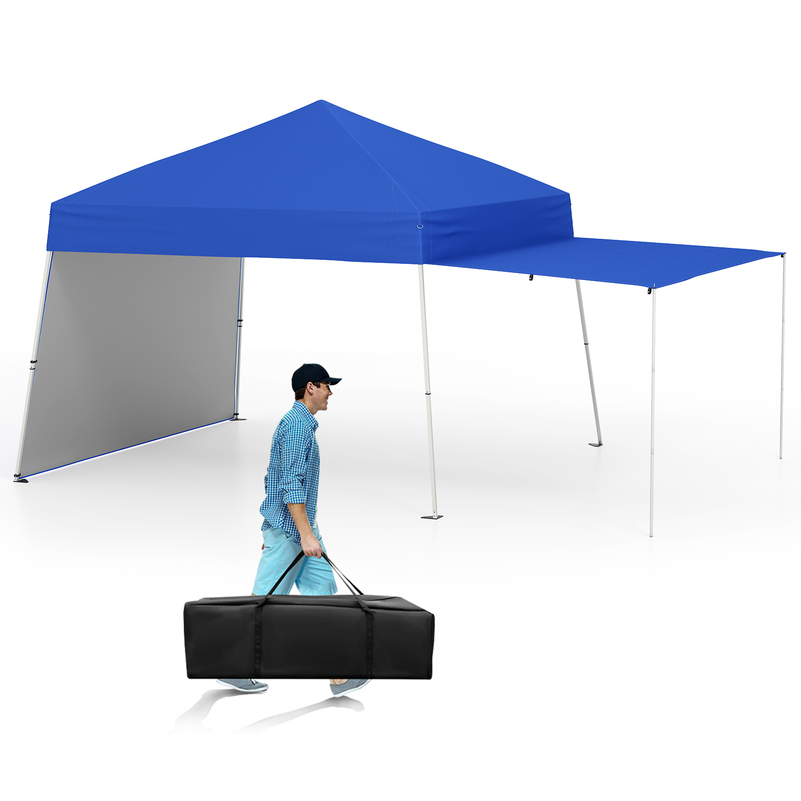 Pop-up süsteemiga suur aiatelk ja matkapaviljon, 2 markiisiks avatava külgpaneeli ja tugeva terasraamiga (430 x 280 cm), sinine