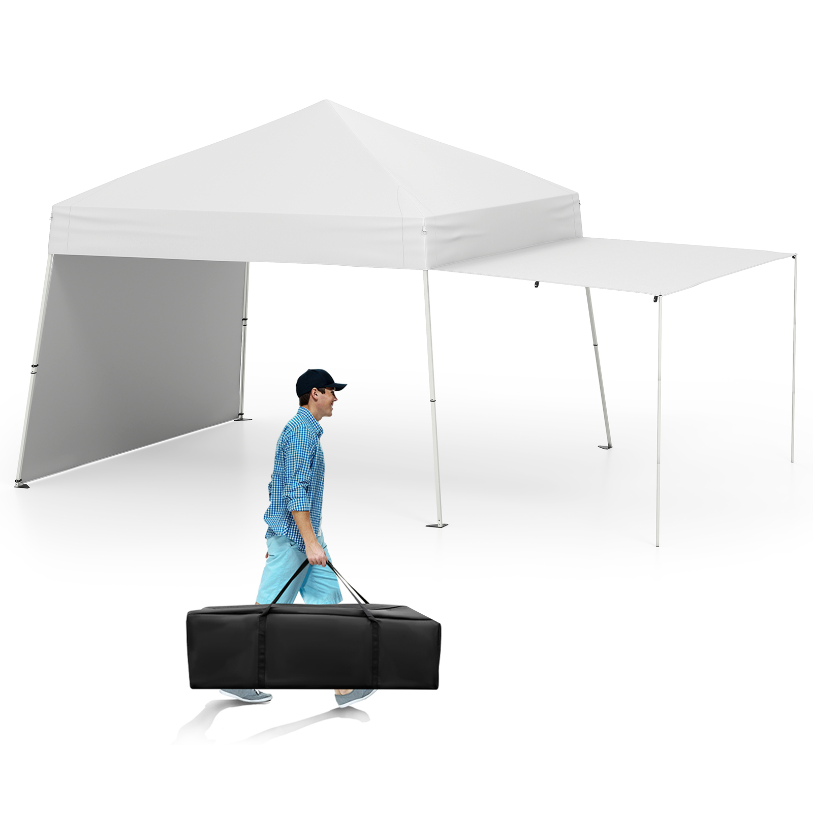 Pop-up süsteemiga suur aiatelk ja matkapaviljon, 2 markiisiks avatava külgpaneeli ja tugeva terasraamiga (430 x 280 cm), valge