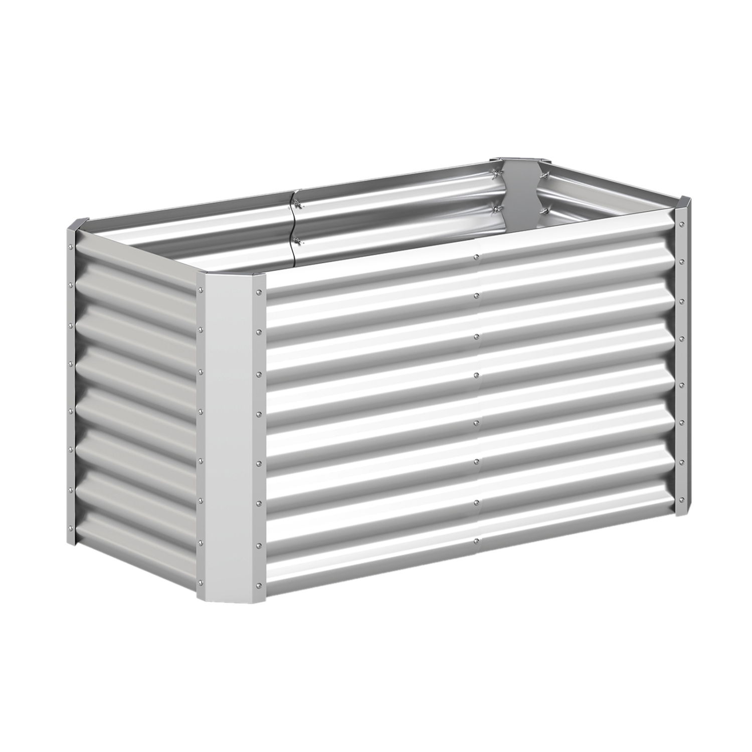 Ristkülikukujuline tsingitud metallist kõrgpeenar ja sügav aiakast taimedele (mõõdud u 120 x 60 x 60 cm), hõbedane