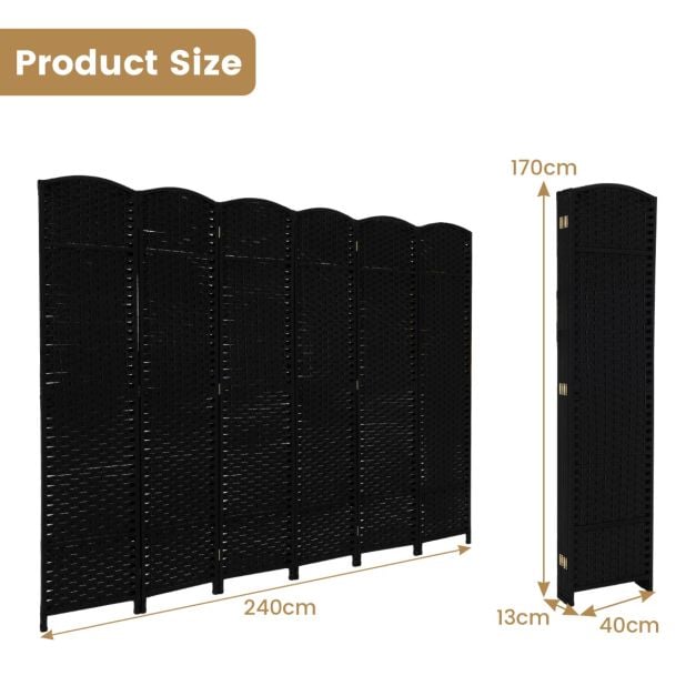 240 x 170 cm paravent käsitsi kootud tekstuuri ja massiivse puitraamiga vahesein ruumijagaja must