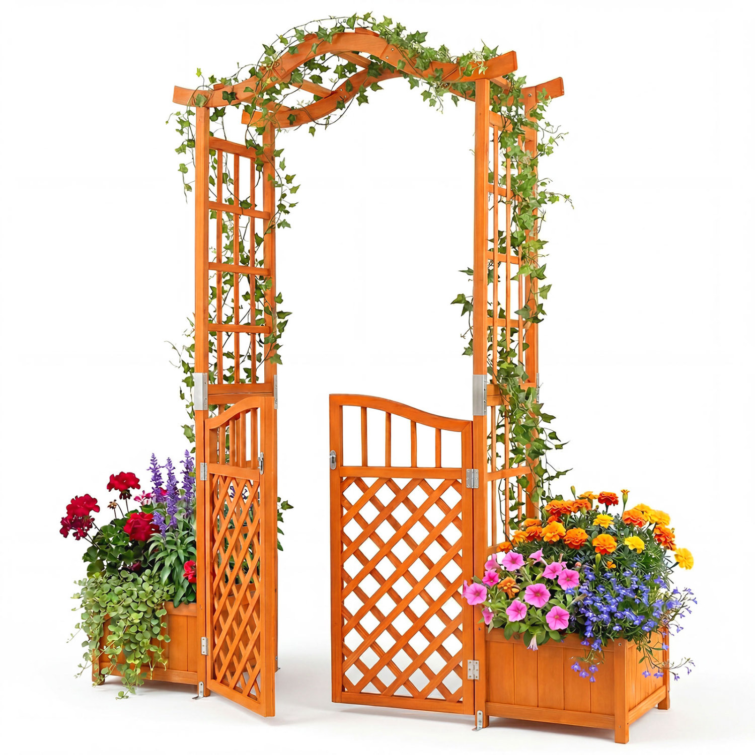 Kahe integreeritud lillekasti ja lukustatava väravaga puidust aiakaar ning pergola (kõrgus u 210 cm/83 tolli) kollane
