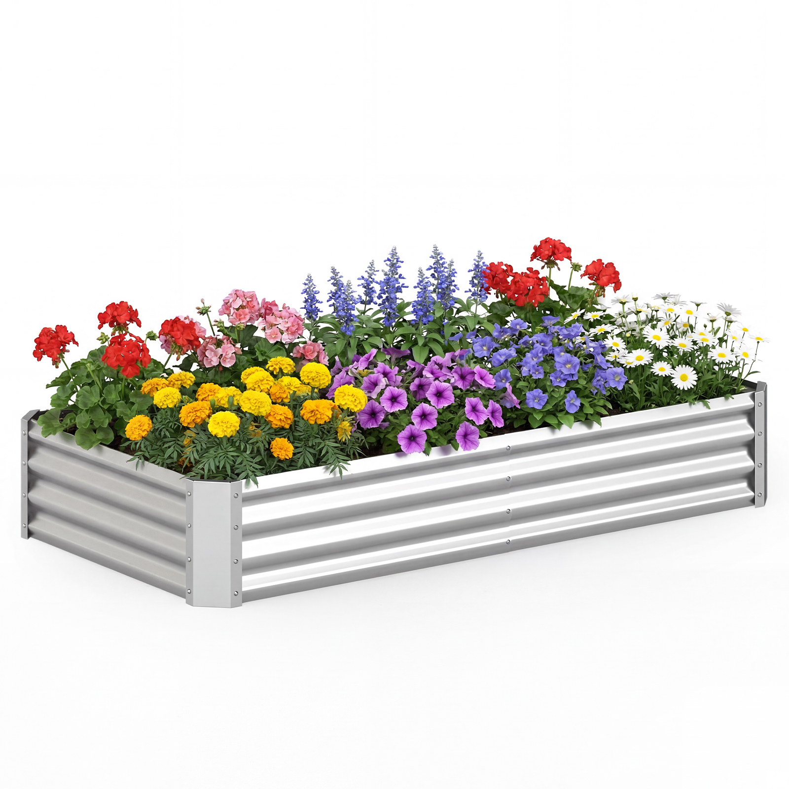 Avatud põhjaga ristkülikukujuline tsingitud metallist kõrgpeenar ja taimekast (mõõdud u 180x90x30 cm), hõbedane