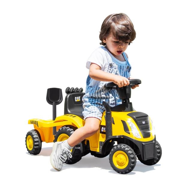 Eemaldatava haagise ja liivakasti kühvliga laste lükatav traktor, litsentseeritud Caterpillar-käimistool, kollane