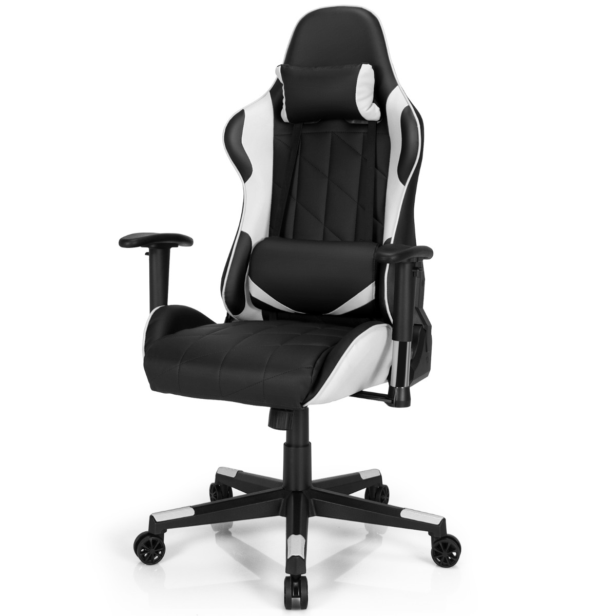 Eemaldatava peatoe ja nimmepadjaga pööratav kõrge seljatoega ralli- ja mänguritool (Gaming Chair), valge