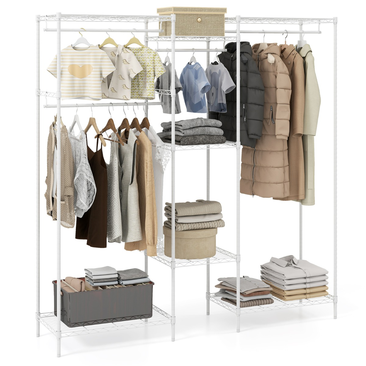 Kaasaskantav metallist riidepuuriiul L-kujulise ja horisontaalse paigaldusega, 7 reguleeritavat riiulit, kandevõime 530 kg, valge