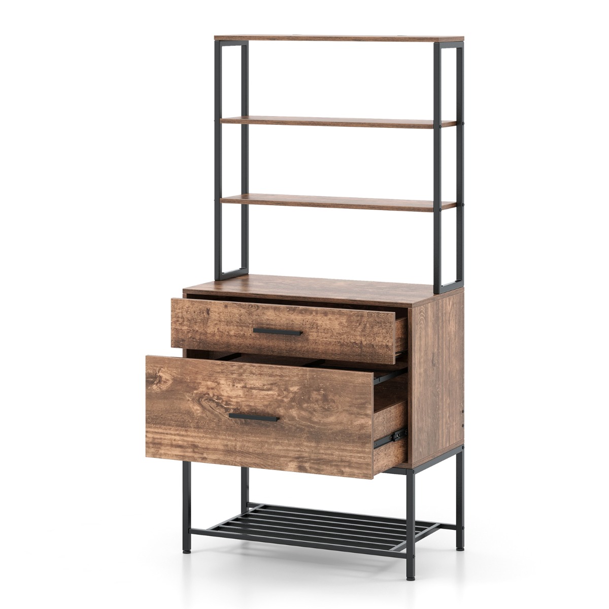 Aktsekapp laadimisjaamaga kontorikapp 3 avatud riiuli ja 2 sahtliga rustikaalne pruun