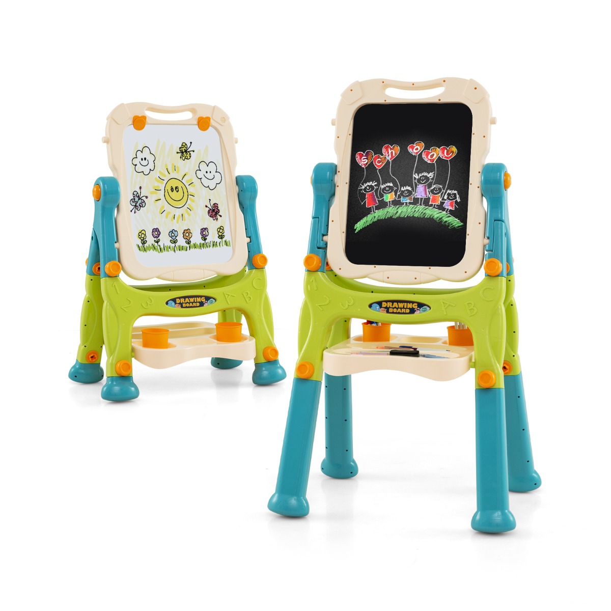 Laste kahepoolne tahvel kõrguse reguleerimisega valgetahvel roheline