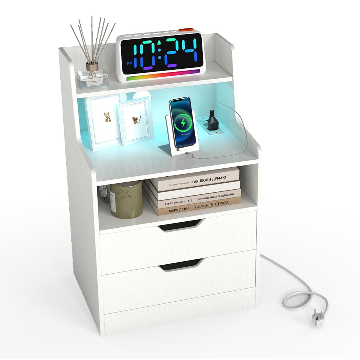 LED-öökapp moodsa laadimisjaama ja ümberminekuvastase komplektiga elutuppa, valge magamistoa öökapp