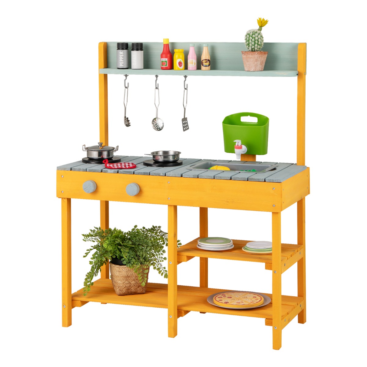 Laste väliköök puidust veefunktsiooniga mänguköök konksude ja eemaldatava riiuliga oran