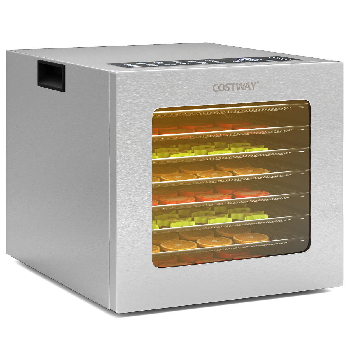 850W puuviljakuivati 48-tunnise taimeriga, temperatuuri reguleerimine 35℃-75℃ liha jaoks, hõbedane