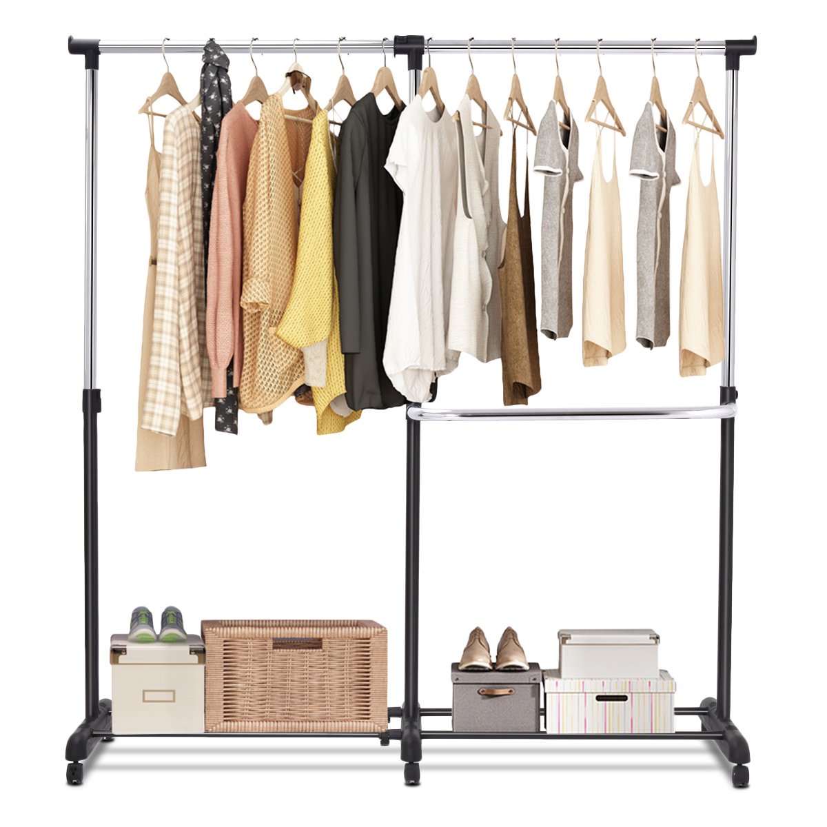 Riideriiul pikendatav riidekapp käru reguleeritava kõrgusega riidepuu 2 riiuliga must