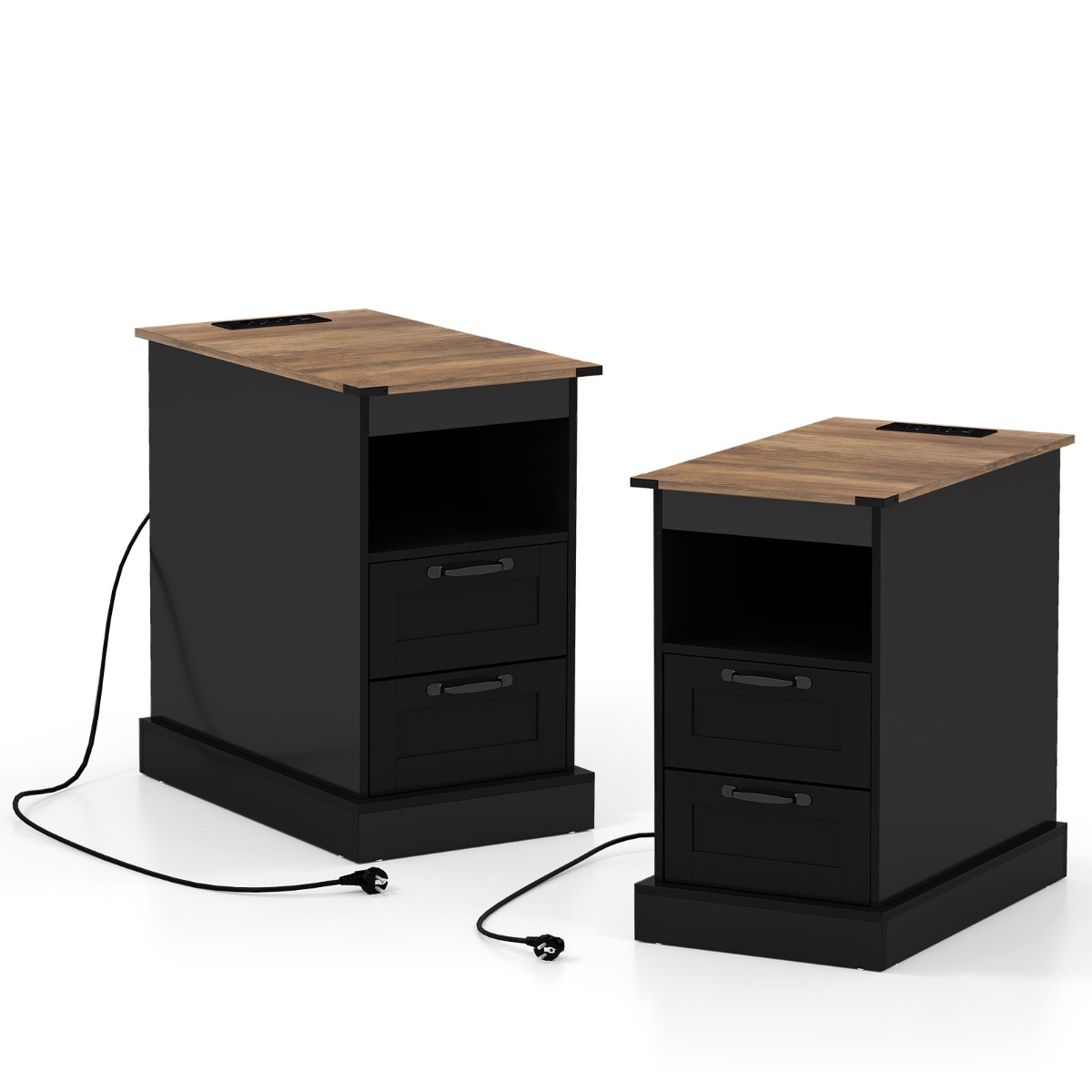 2 öökapi komplekt laadimisjaamaga, kitsas abilaud hoiuruumi ja 2 sahtliga, must