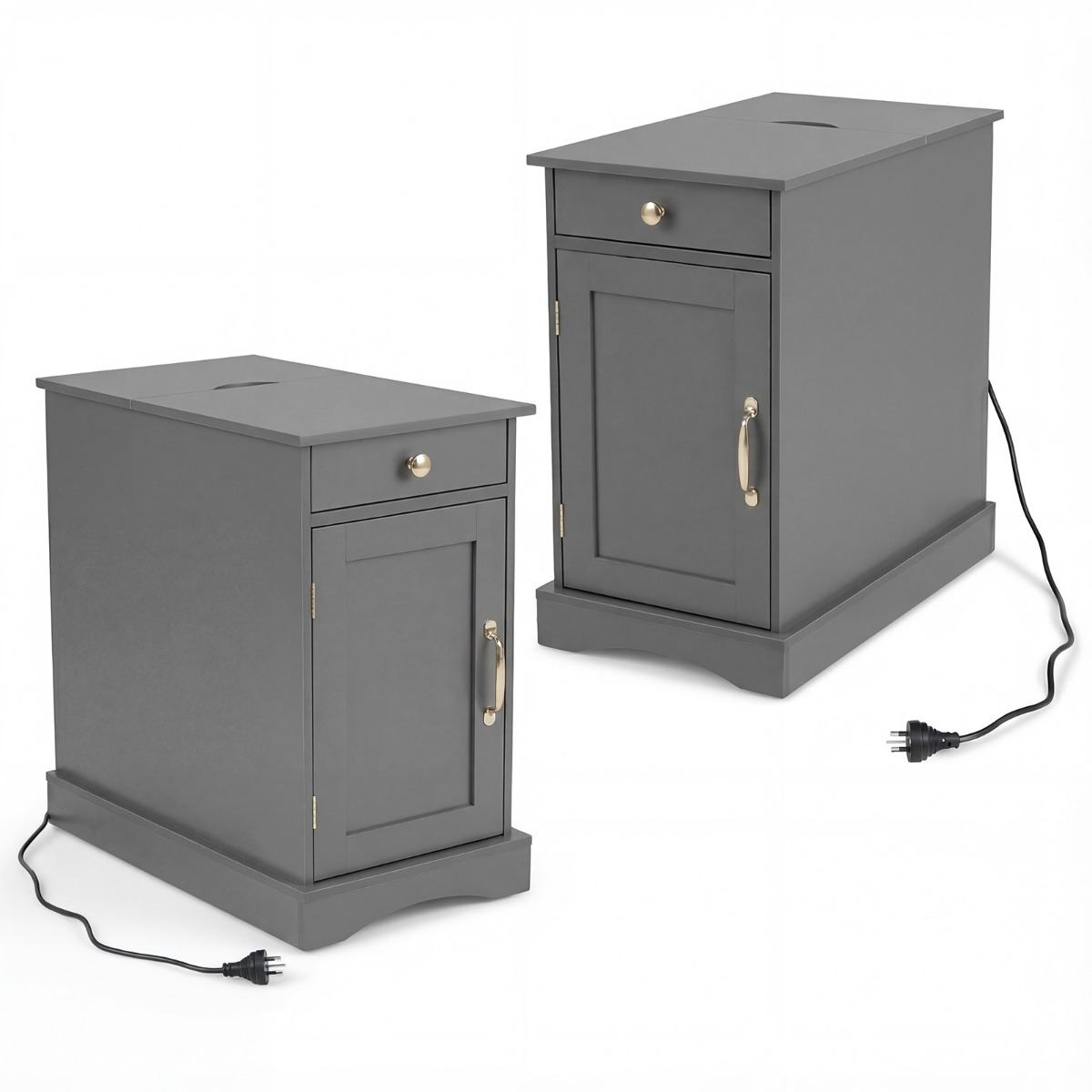 2 öökapi komplekt laadimisjaamaga, abilaud reguleeritava riiuliga, puidust öökapp, hall