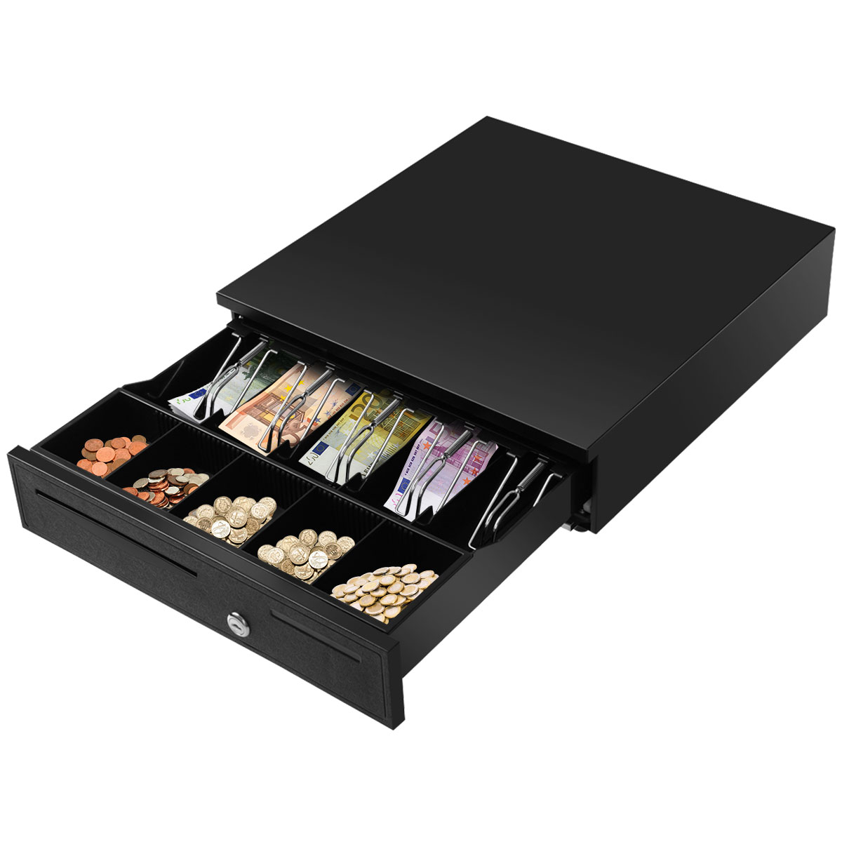 Metallist rahakassa 5 mündikambri ja 4 paberraha kambrit