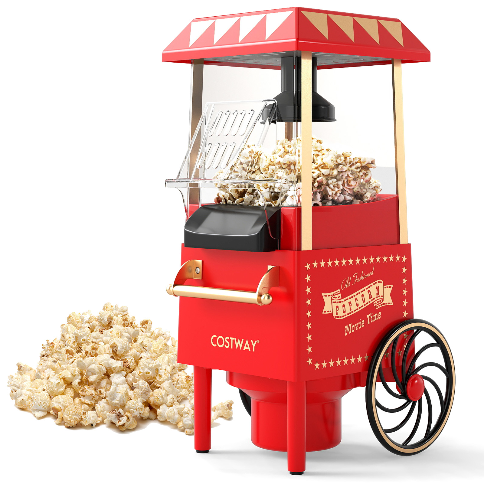 Retro-stiilis kuuma õhu popcornimasin, ilma õlita töötav tervislik naksivalmistaja koos 67 ml mõõtetopsiga (1200W), punane