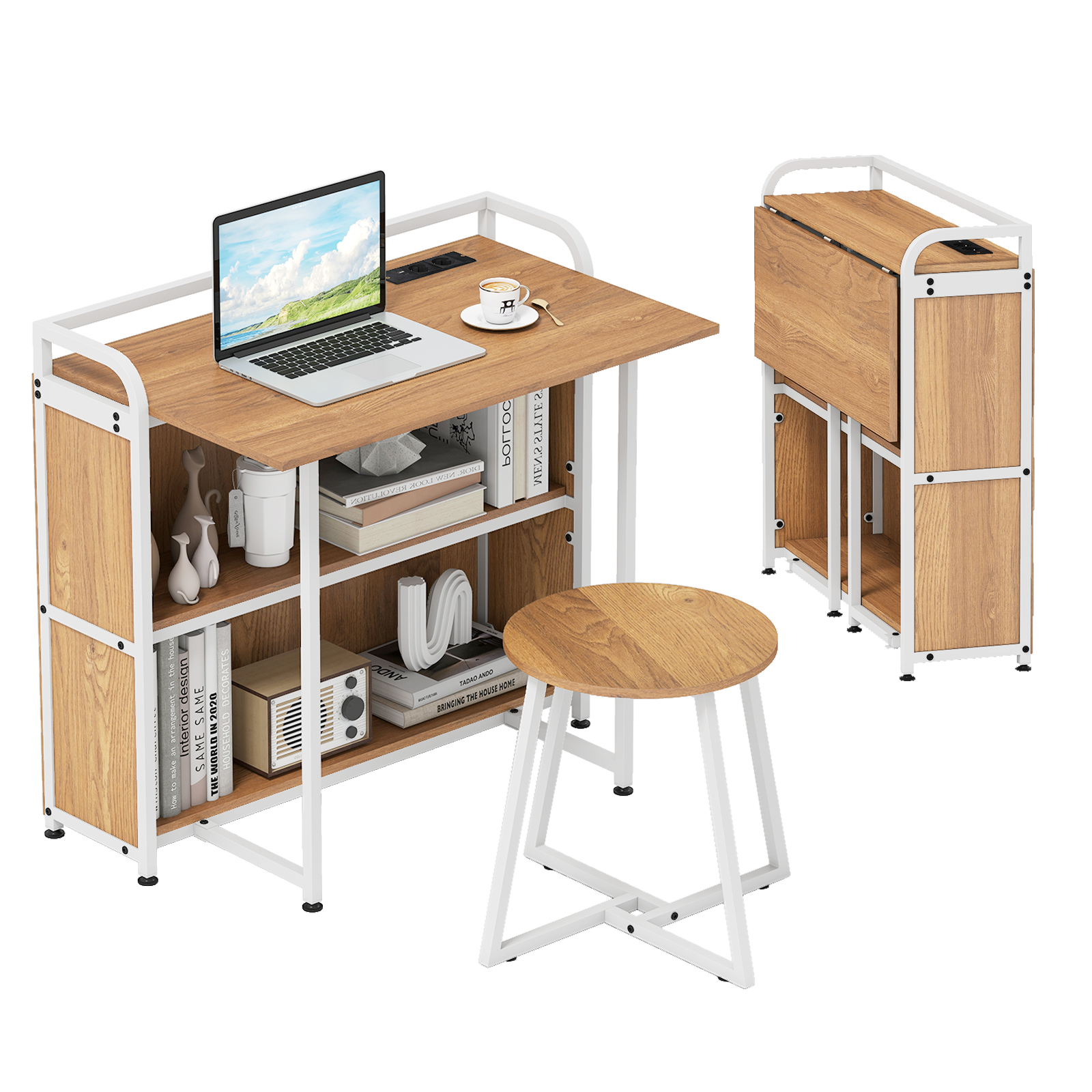 Kokkupandav kirjutuslaud pistikupesaga kokkupandav laud koos taburetiga arvutilaud riiulite ja metallraamiga 90 x 55 x 83 cm naturaalne
