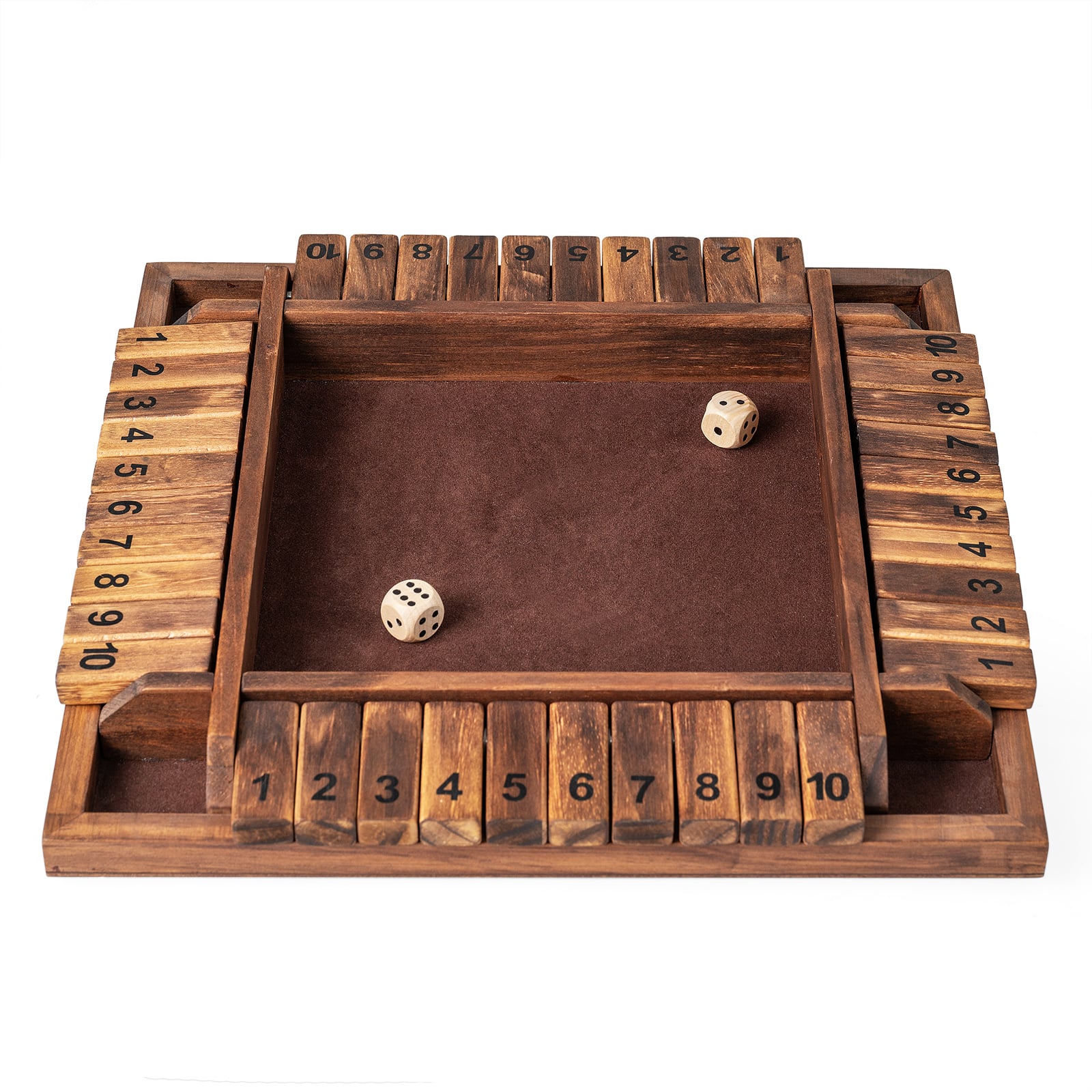 Shut The Box täringumäng 2–4 mängijale, tugevast mändpuidust klappidega lauamäng (kaasas 2 täringut), pruun