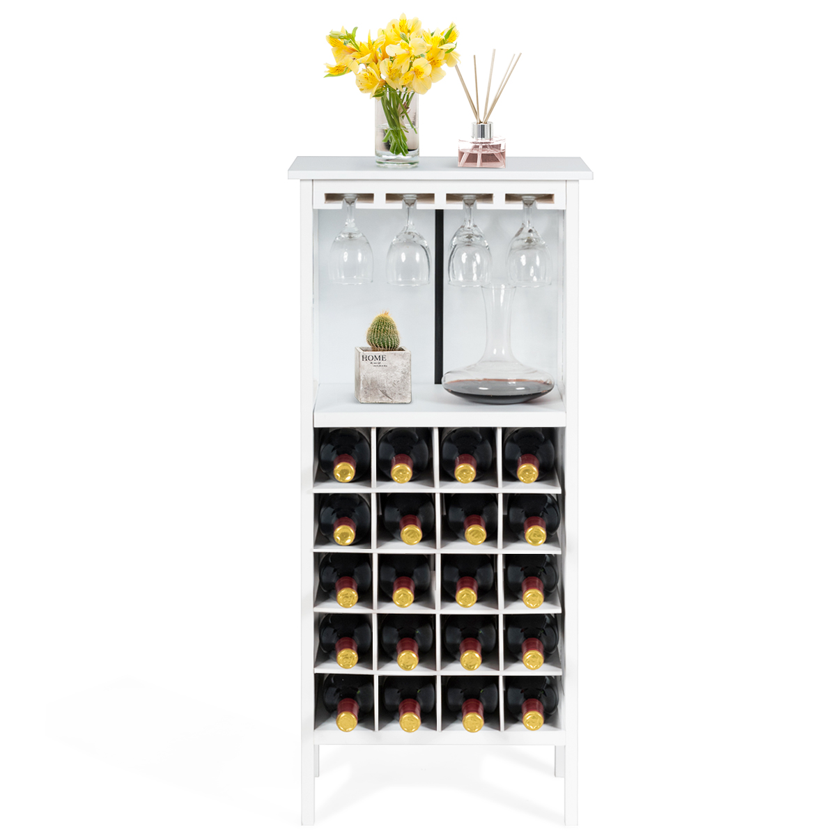 Puidust veiniriiul 20 pudelile koos klaasist riidepuuga 42 x 24,5 x 96 cm valge