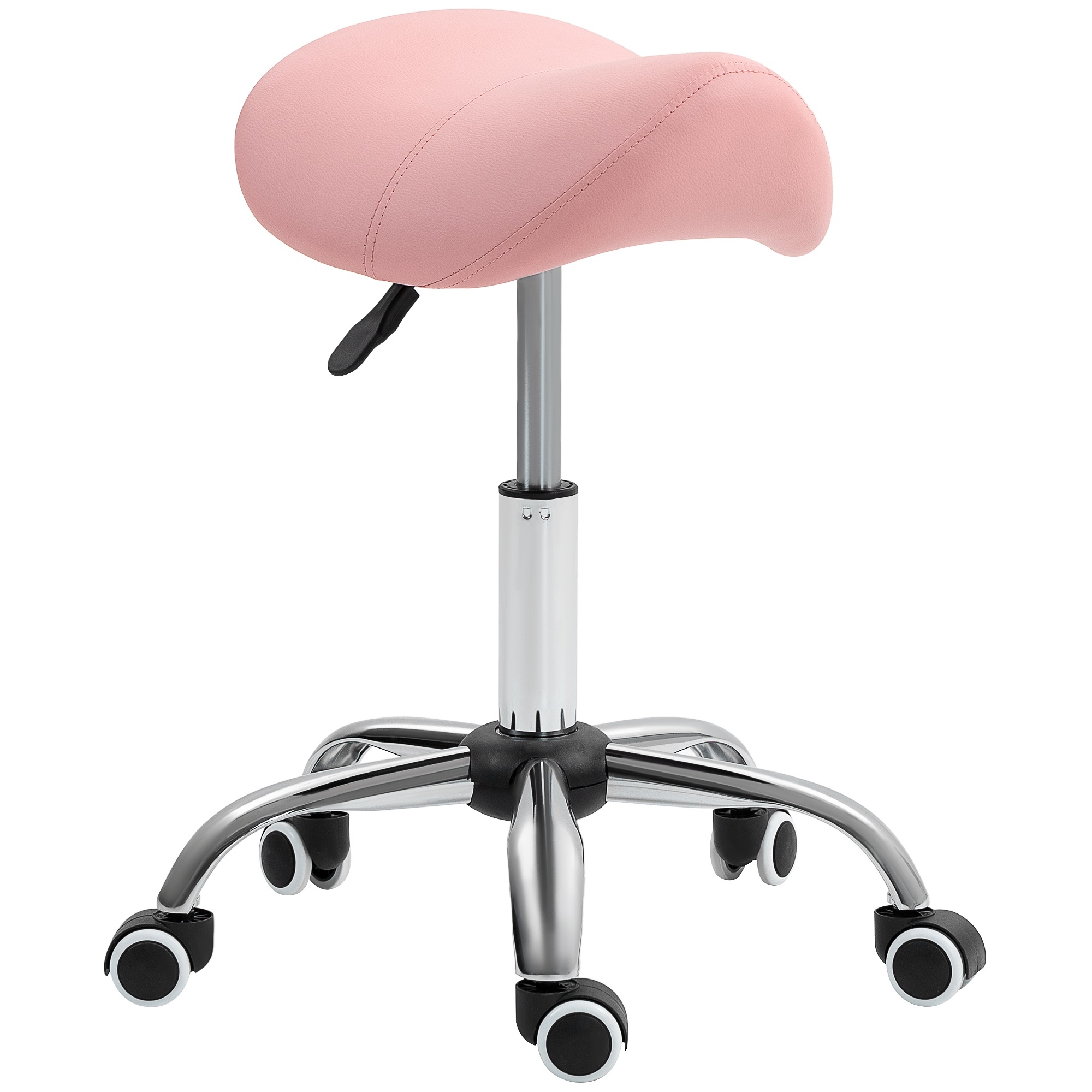 Kõrguse reguleerimisega ratastel tool (49-61 cm), 360° pöörlev töötool, kontoritool kontorisse, salongi, massaaži, spaasse, roosa