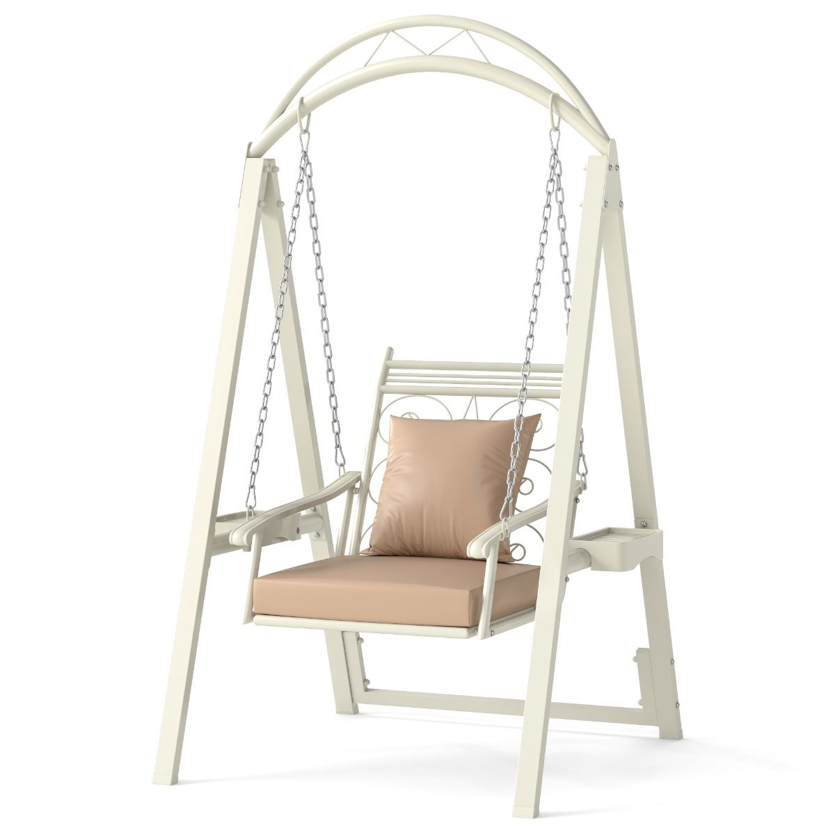 Õues kiik koos raamiga terrassikiik patjade ja külglaudadega aeda valge