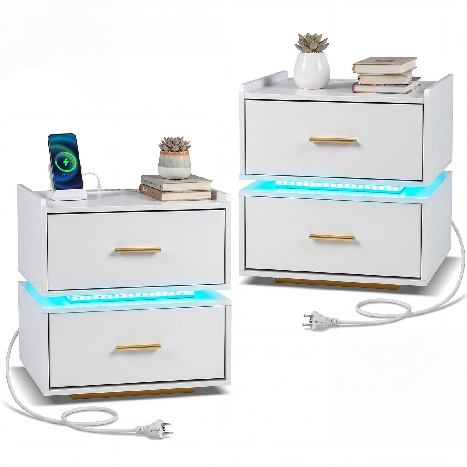 Integreeritud laadimisjaama, LED-valgustuse ja 2 sahtliga öökapid, modernsed metallraamiga diivani abilauad (2 tk komplekt), valge