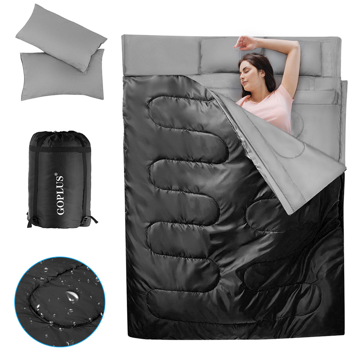 Goplus kahene magamiskott 2 inimesele XL tekk magamiskott 2 padjaga must 220 x 150 cm