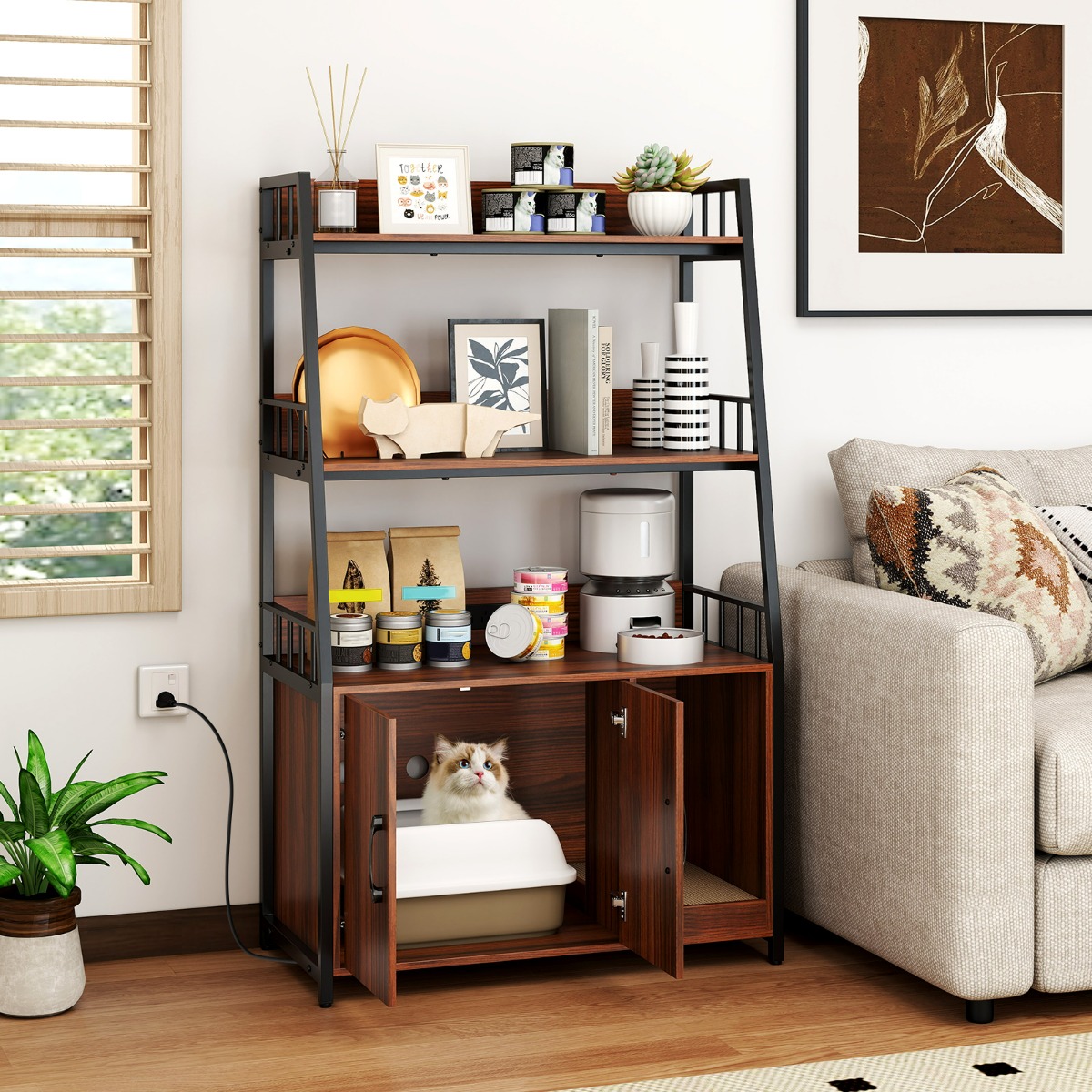 Kassikapp koos raamaturiiuli laadimisjaamaga 3 taset kraapimismatt ja sissepääs 80 x 40 x 132 cm pähkel