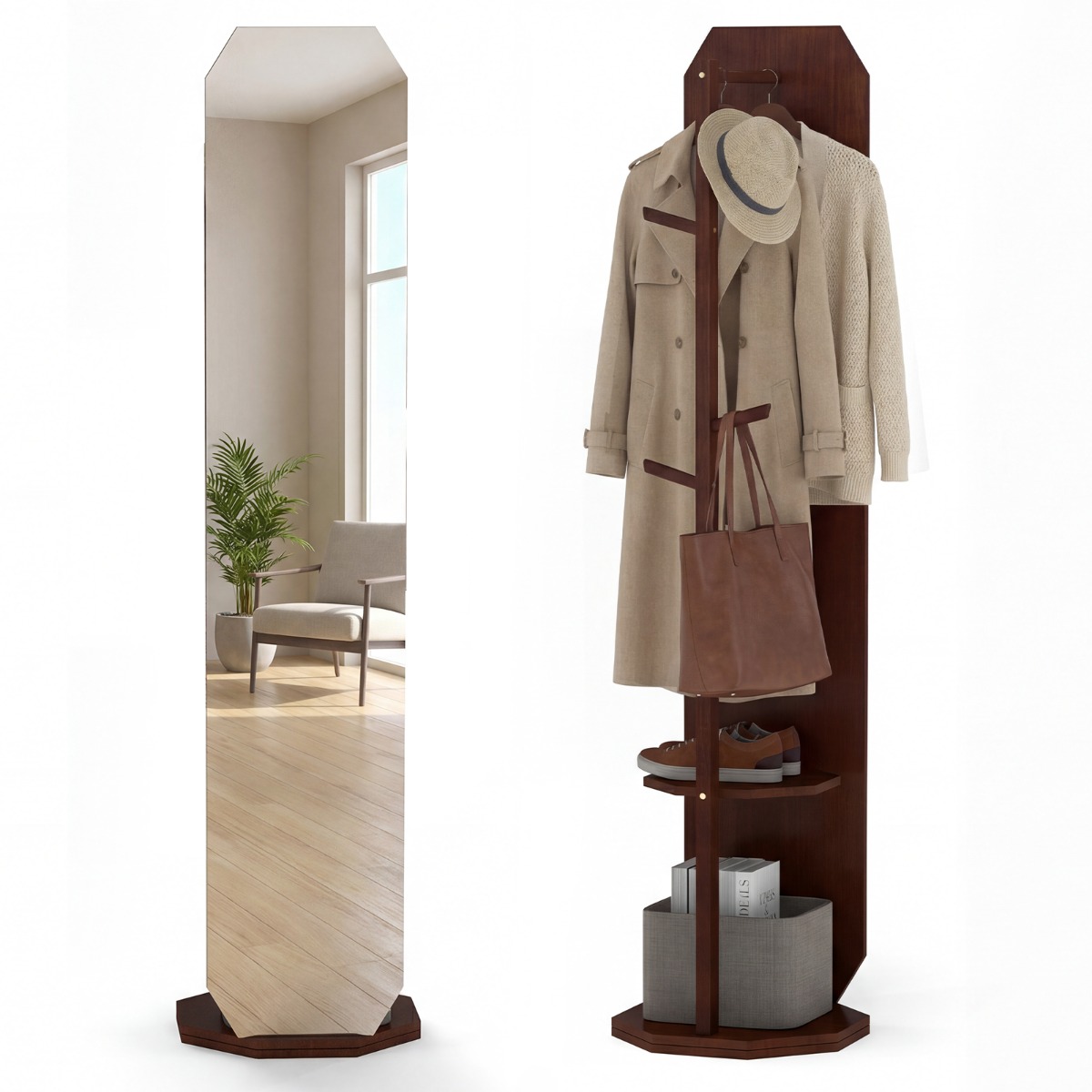 Põrandapeegel 3-ühes riidepuuga, 360° pöörlev alus