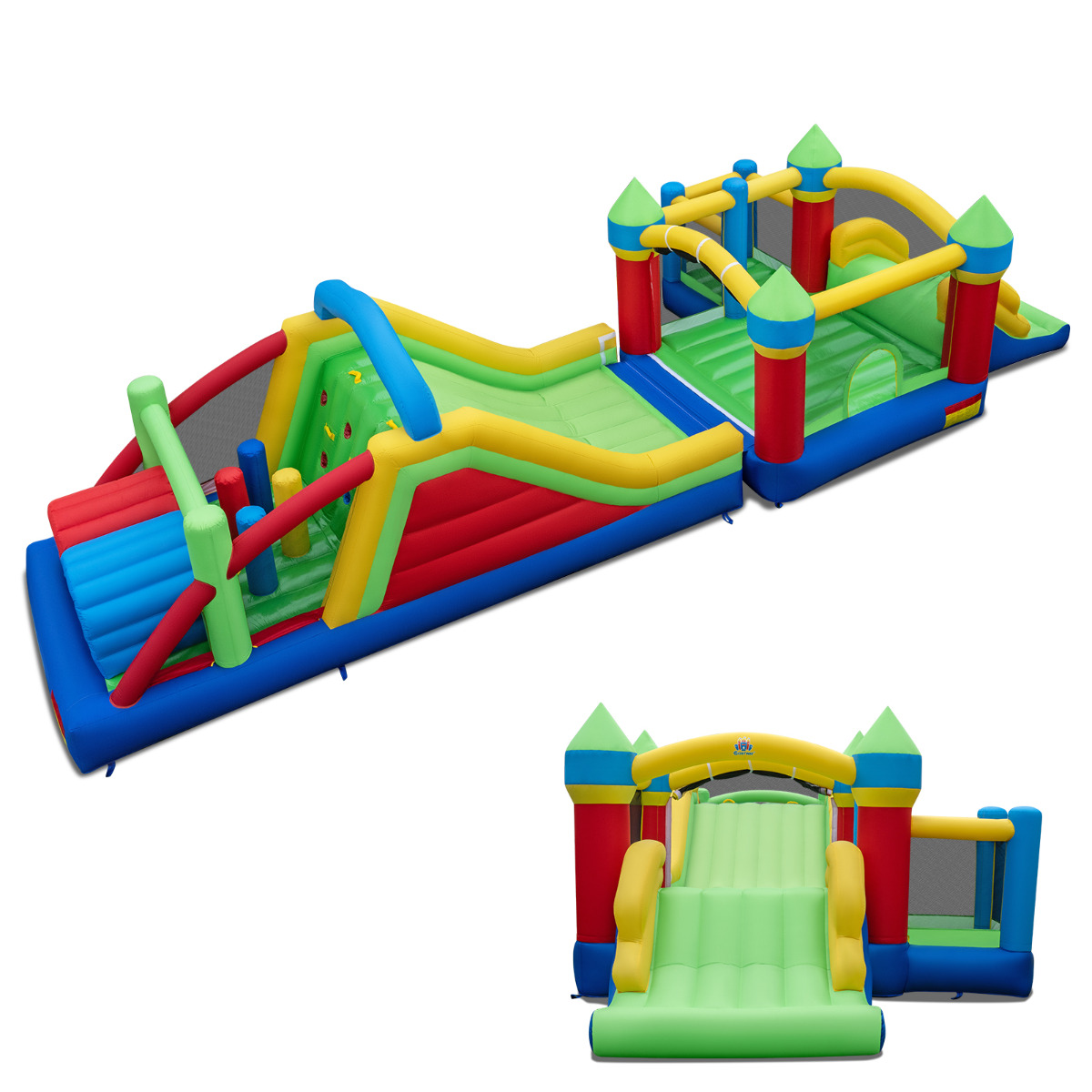 Täispuhutav loss hiiglasliku liumäe ja hüppemajaga. Täispuhutav konstruktsioon tunnelite ja takistuspostidega. Puhur ei kuulu komplekti.