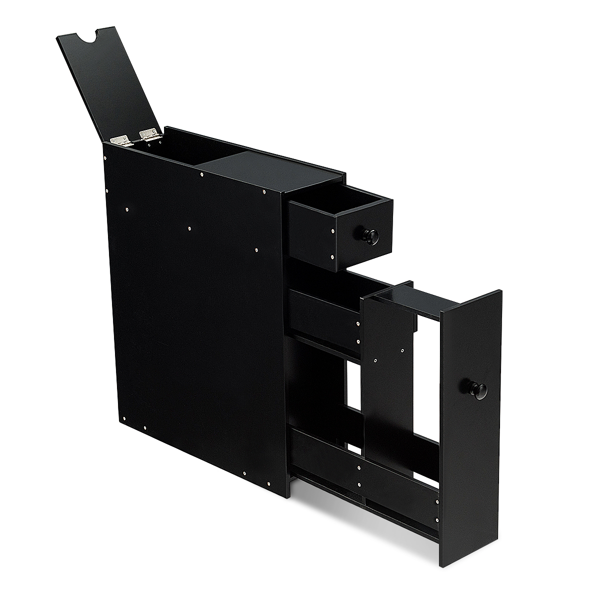 Kitsas niširiiul lükandustega vannitoakapp puidust küljekapp must