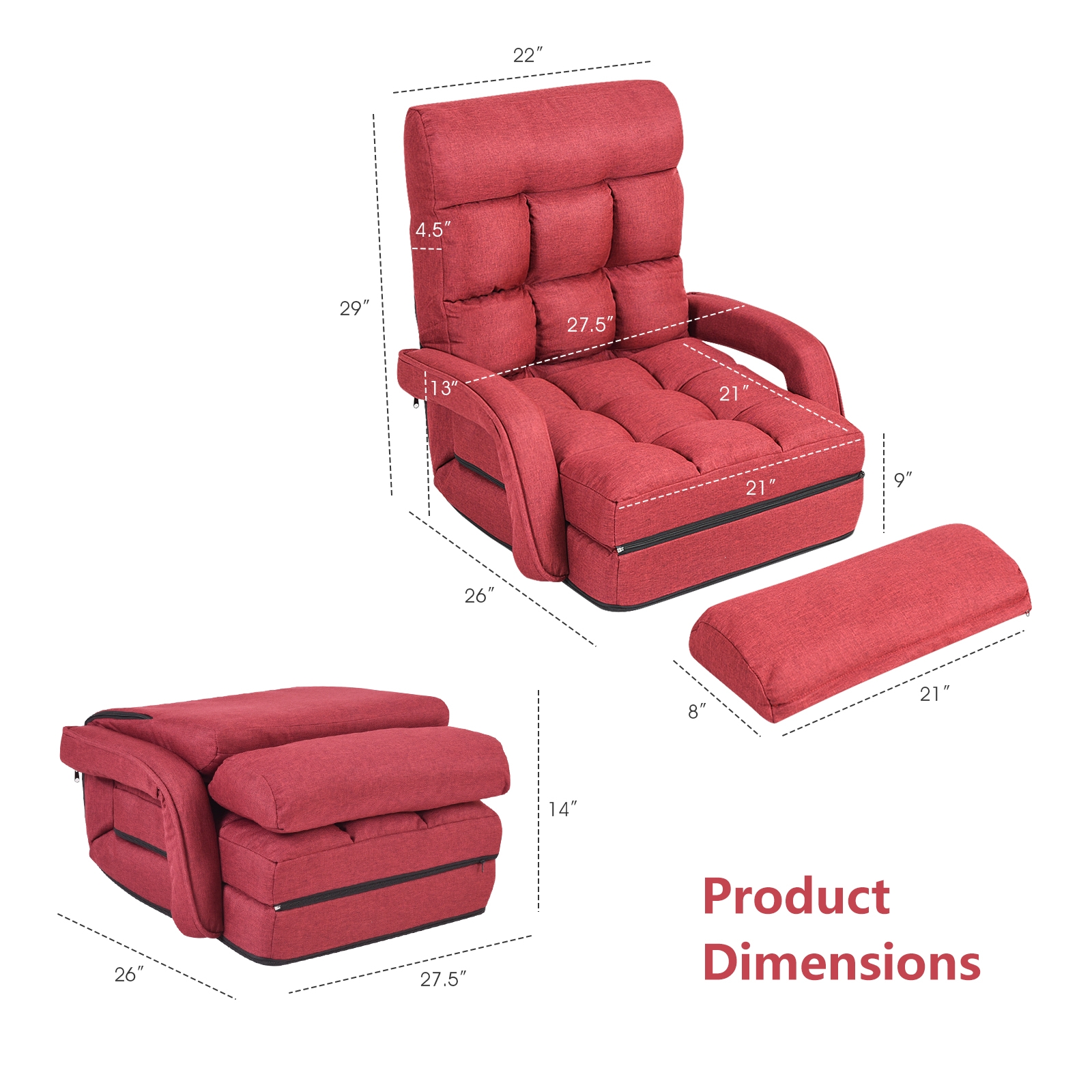 Kokkupandav ja reguleeritav magamistool-diivan (Lazy Sofa), punane