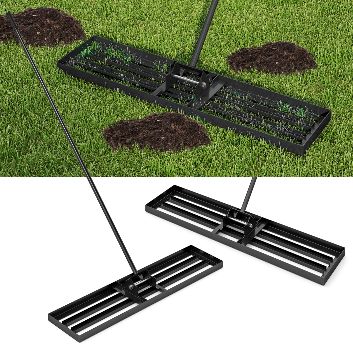 Nivelleerimisreha ergonoomilise käepidemega vastupidav murutööriist tasandamisreha pinnatasandaja 106 x 25 cm must