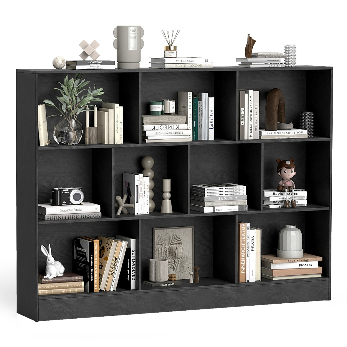 10 kuubikuga raamaturiiul kahe ümberminekuvastase komplektiga, 140 cm kõrge, puidust 3-tasandiline hoiukorraldaja, must