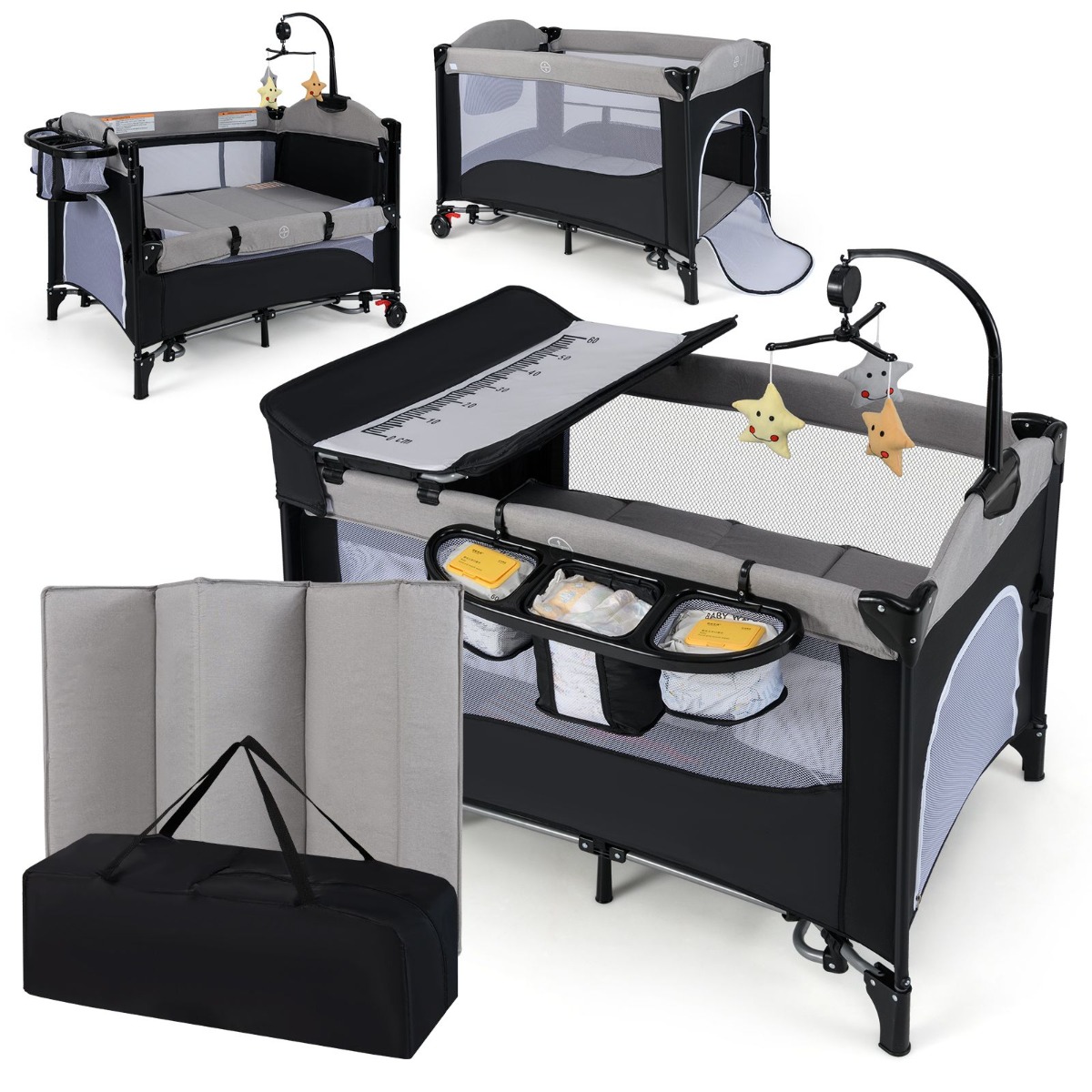 5-ühes beebivoodi madratsi mähkimislaua turvavöö ja mängukellaga hall