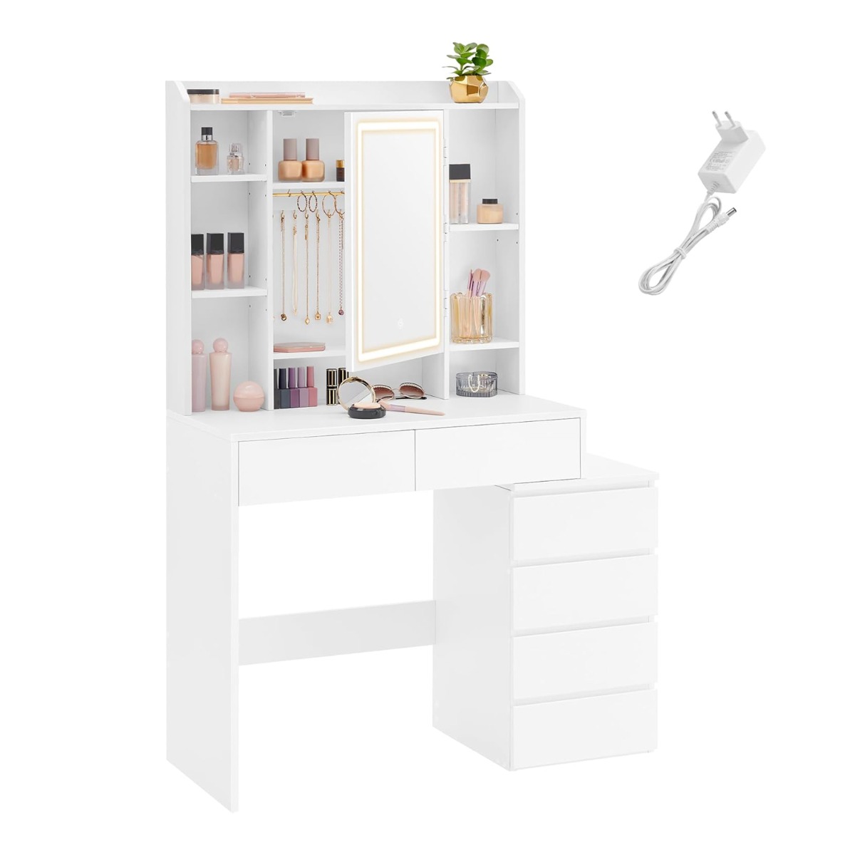 LED-valgustusega tualettlaud reguleeritava eredusega, peegli, sahtlite, avatud riiulite ja reguleeritavate riiuliplaatidega, pilvevalge