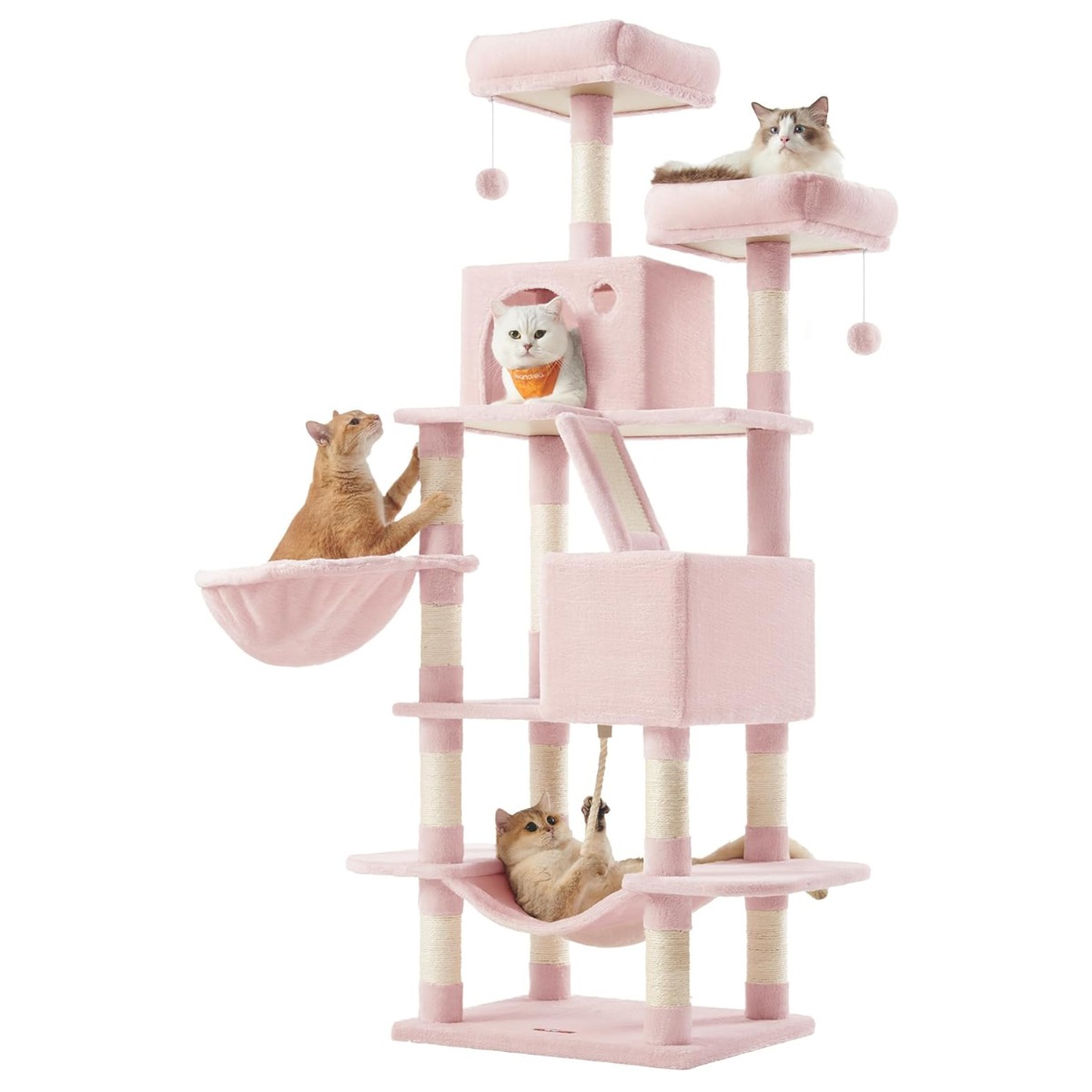 Suur kasside ronimispuu, 168 cm, 13 kraapimisposti, 2 platvormi, 2 maja, korv, võrkkiik, plüüspallid, pastellroosa
