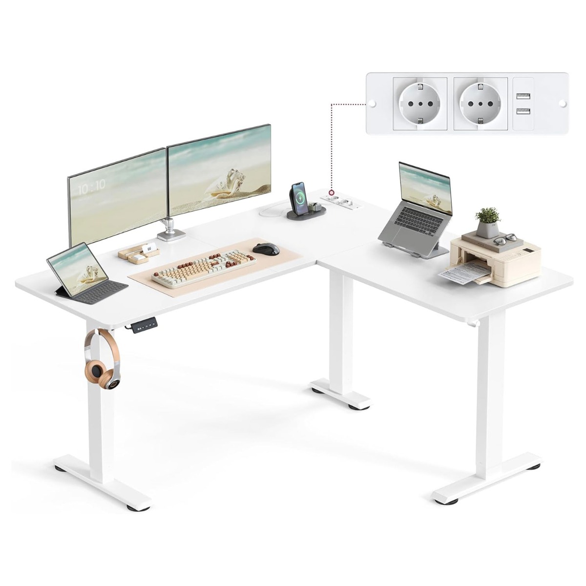 Reguleeritava kõrgusega elektriline nurgalaud 140 x 160 cm, L-kujuline, laadimisjaamaga, 2 kõrguse mälufunktsioon, kodukontorisse, valge