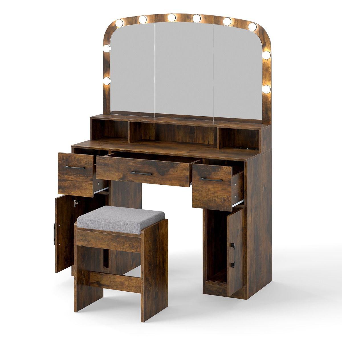 Tualettlaud, LED-peegli ja laadimisjaamaga, vintage pruun