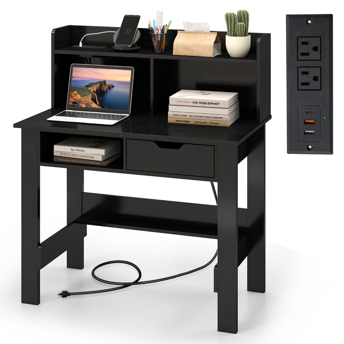 Kirjutuslaud pistikupesadega väike arvutilaud pealisehitusega 95 x 56 x 1095 cm must