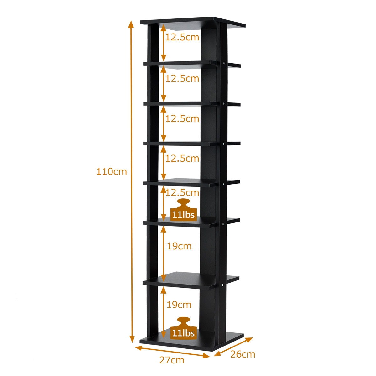 Kaheksakorruseline puidust kingariiul ja vertikaalne kingade organisaator (27,5 x 26,5 x 110 cm), must