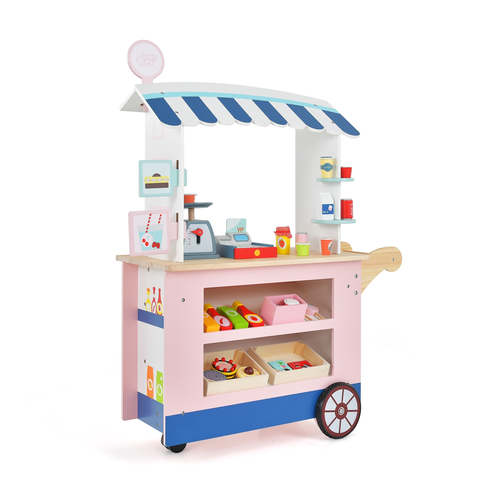 Kolmerattaline puidust laste toidukäru (Foodtruck) koos mängukassa ja tarvikutega (alates 3. eluaastast), naturaalne