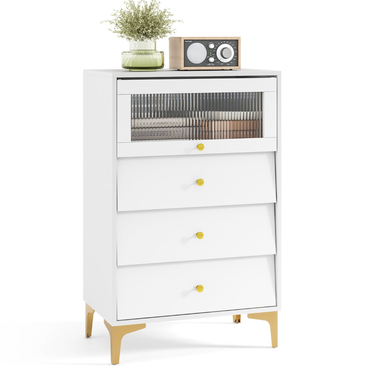 Kolme sahtliga kummut klaasuksega kummut valge panipaigakapp