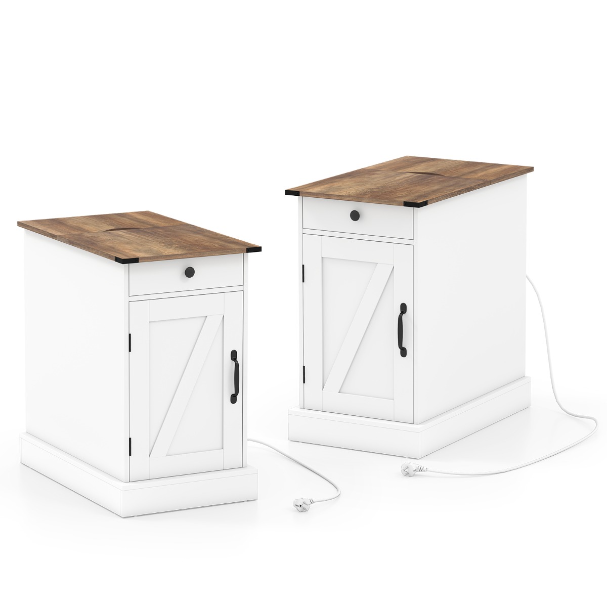 2 laadimisjaamaga külglaua komplekt, allaklapitava lauaplaadiga külgkapp, öökapp, valge