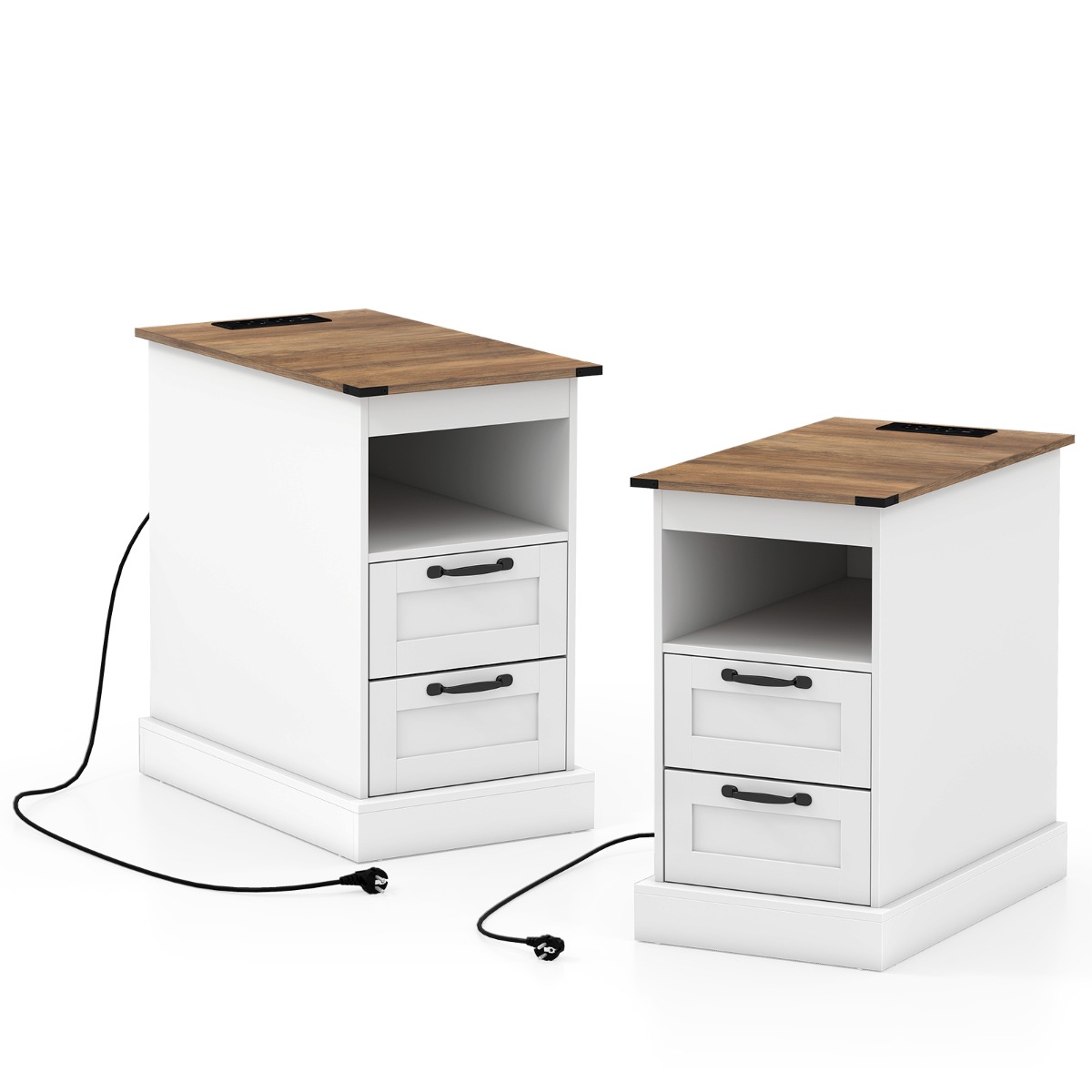 2 öökapi komplekt laadimisjaamaga, kitsas abilaud hoiuruumi ja 2 sahtliga, valge