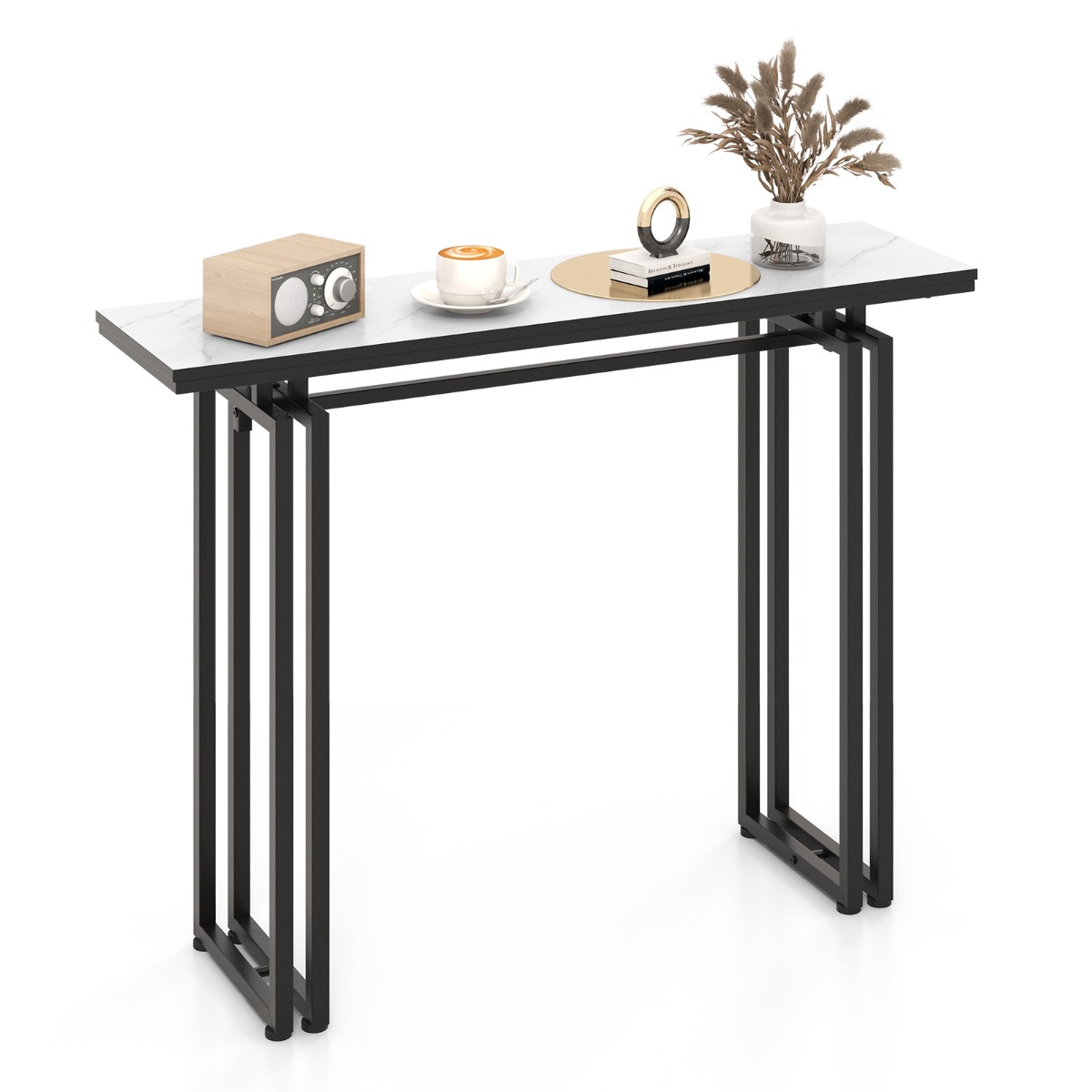 Tugevate metallist jalgadega marmorimitatsiooniga konsoollaud ja esikulaud (pikkus 110 cm), must