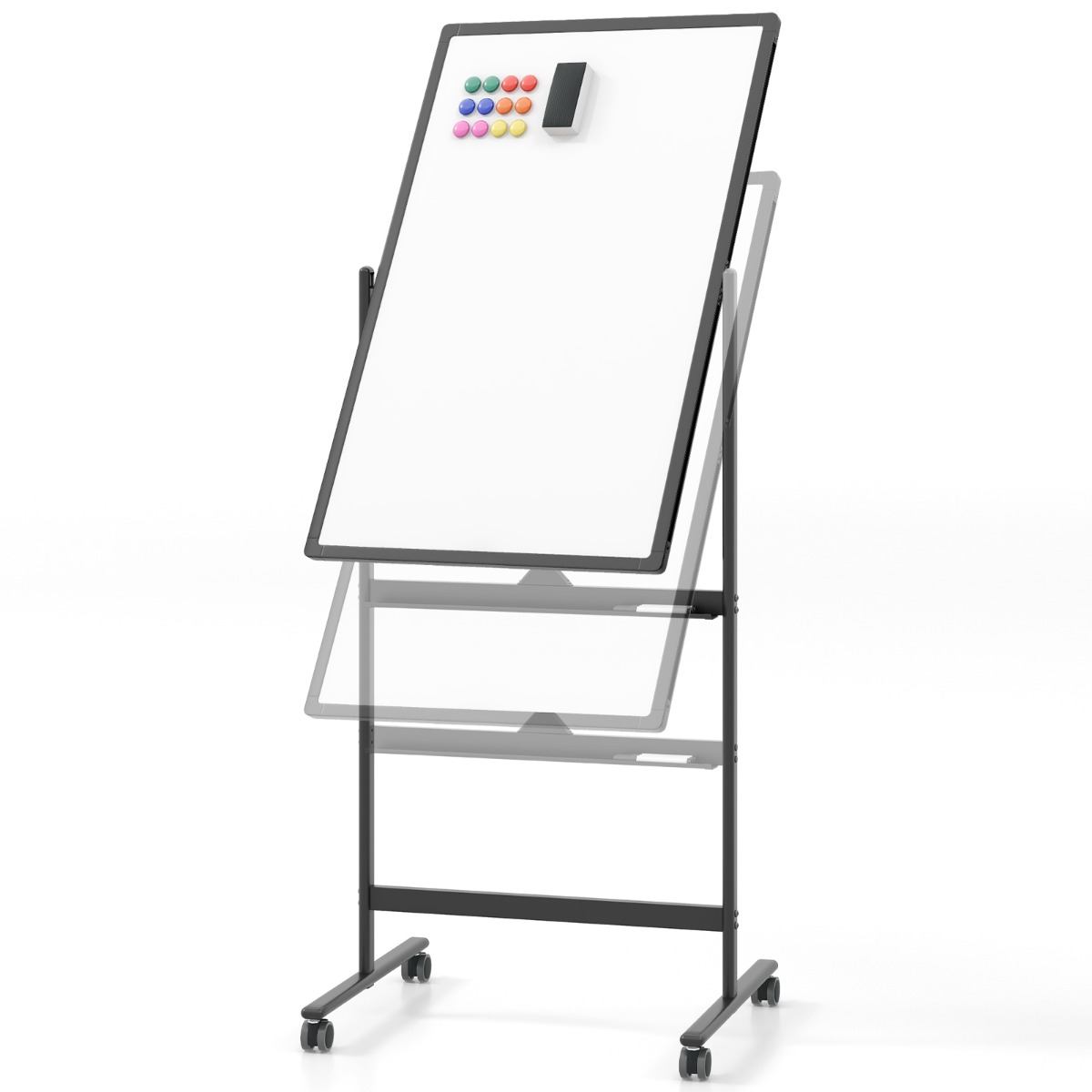 Kahepoolne ratastel magnettahvel (valge tahvel) koos pliiatsialuse ja tarvikutega kooli jook kontorisse (60 x 90 cm), must