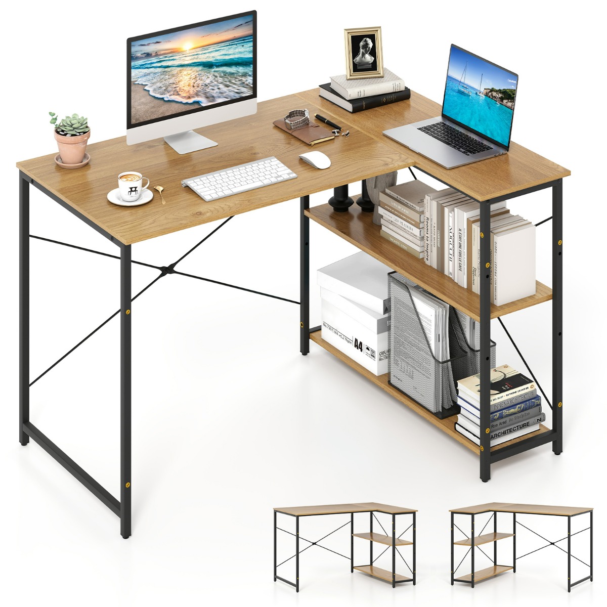 L-kujuline arvutilaud ümberpööratav nurgalaud reguleeritava riiuliga ruumisäästlik kirjutus- ja õppimislaud naturaalne