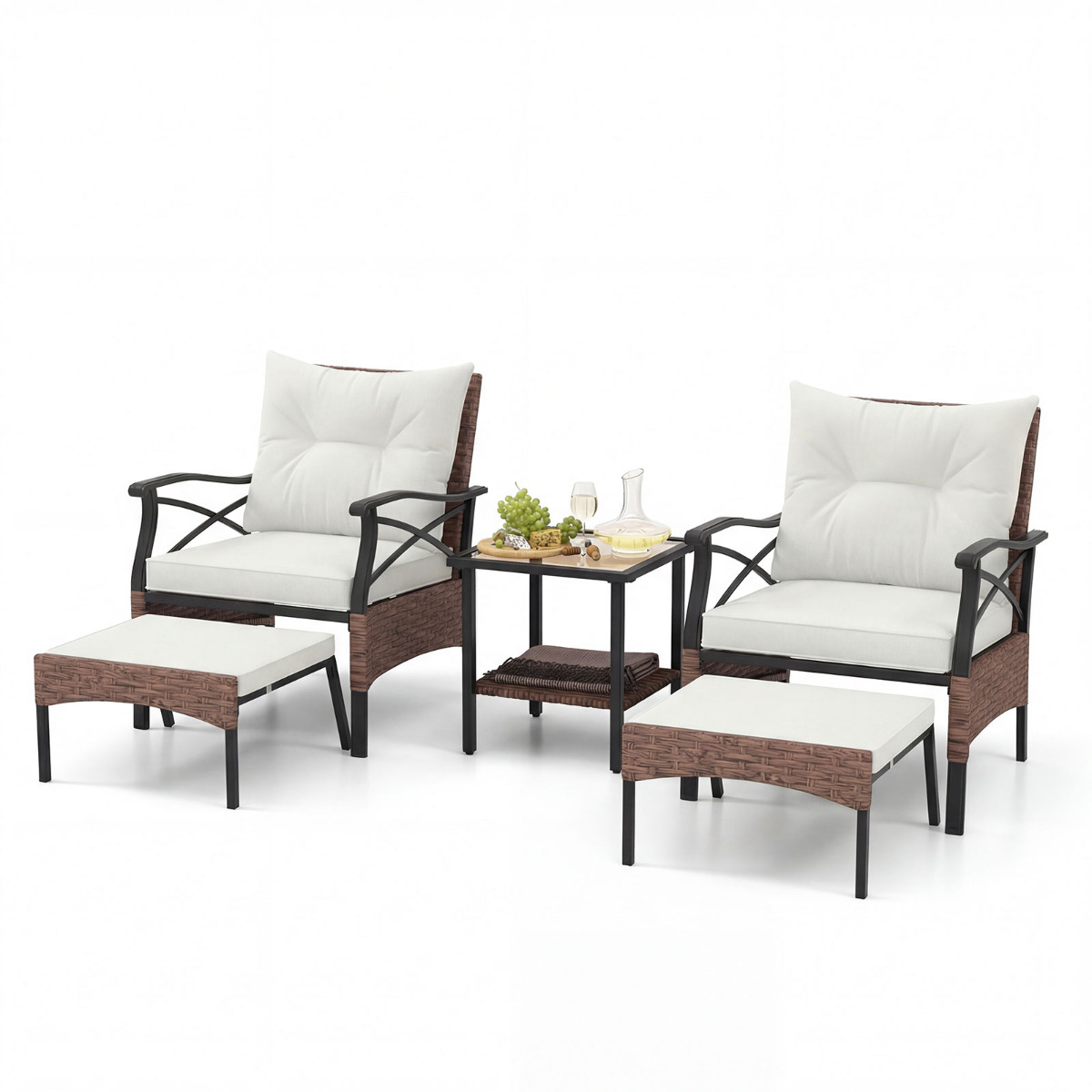 5-osaline rotangist terrassimööbli komplekt, aiamööblikomplekt 2 tooli, 2 tumba ja 1 kohvilauaga karastatud klaasist pealispinnaga, beež