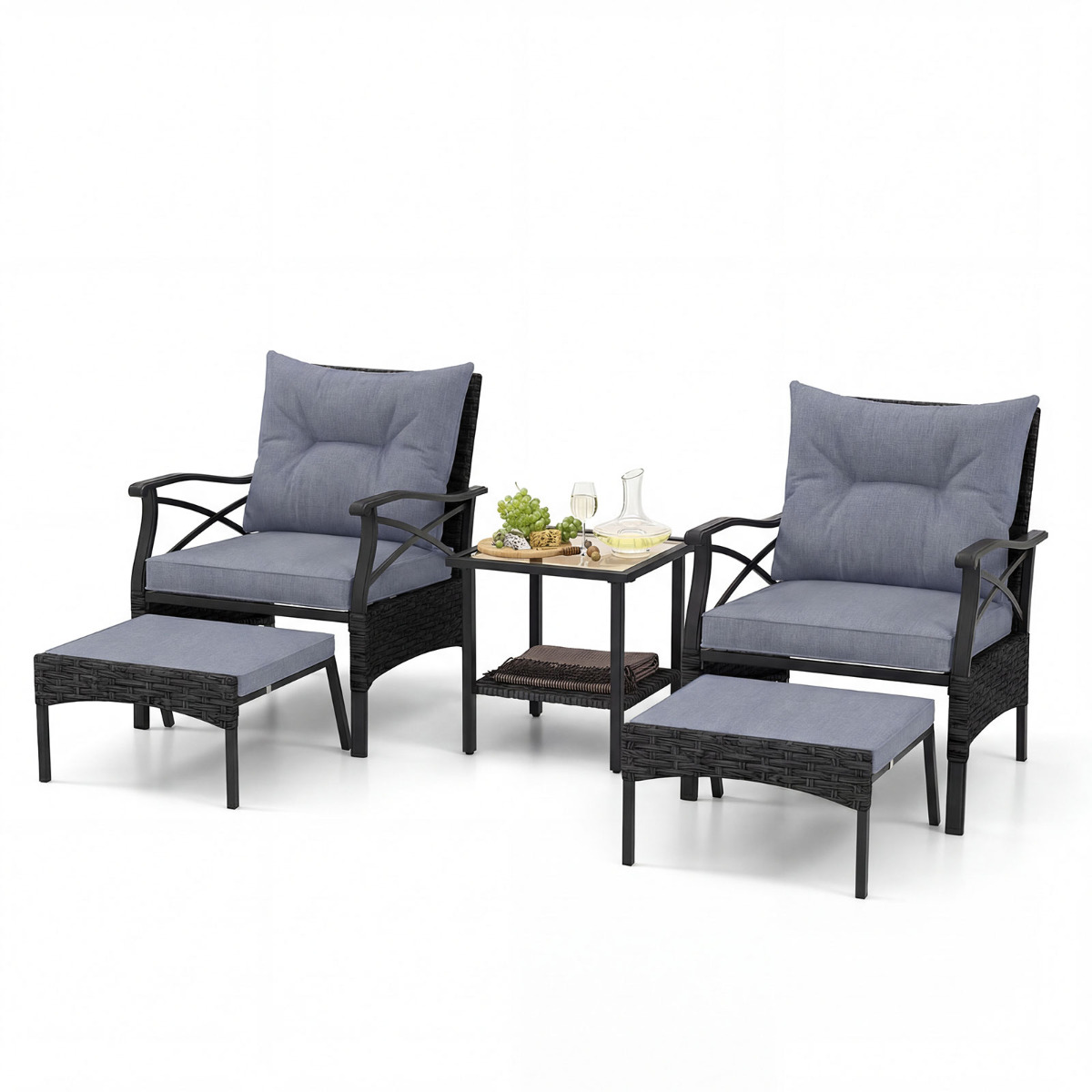 5-osaline rotangist terrassimööbli komplekt, aiamööblikomplekt 2 tooli, 2 tumba ja 1 kohvilauaga karastatud klaasist pealispinnaga, hall